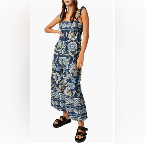 Free People Women's Bali Albright navy combo ruffled strap Jumpsuit‎ size Large - Picture 1 of 5